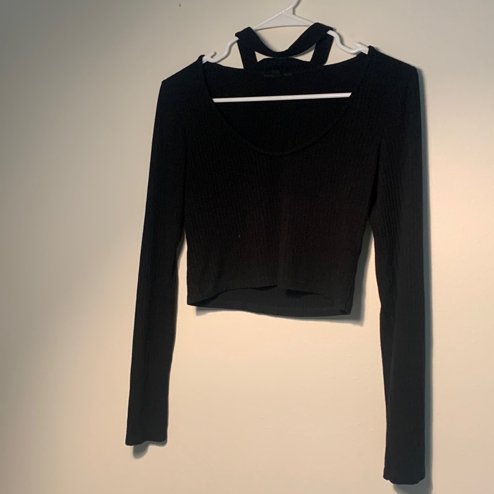 Topshop black choker long sleeve crop top